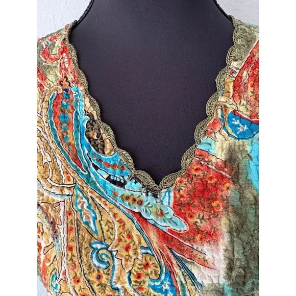 Vintage Ubu Paisley Floral Popcorn Maxi Dress Boho Scalloped Lace Trim Belted - Picture 9 of 14